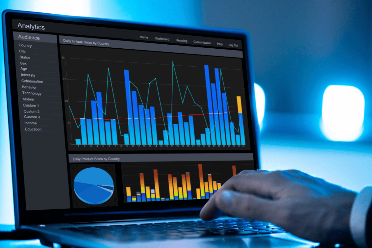 Hand using a laptop displaying a business analytics dashboard with bar graphs and charts.