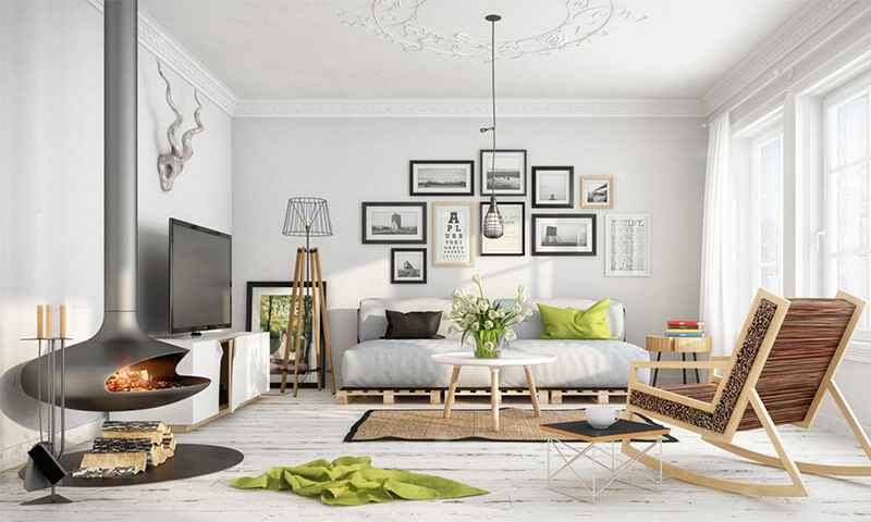 Bright Scandinavian-style living room with a suspended fireplace, wall art, and natural light.